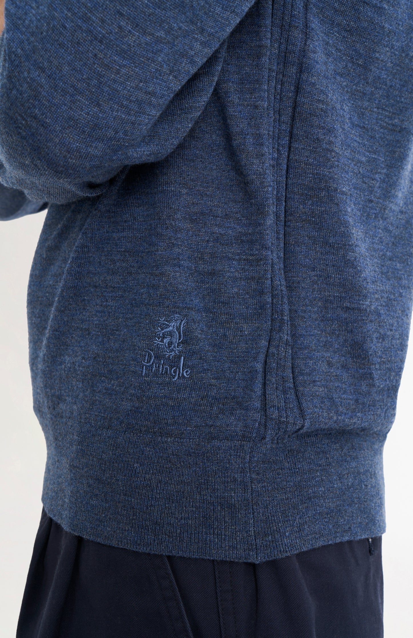 Pringle Men's Polo Shirt Extra Fine Merino Wool Jumper in Blue showing embroidery detail