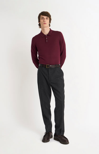 Pringle Men's Polo Shirt Extra Fine Merino Wool Jumper in Burgundy on standing model