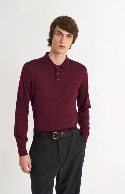 Pringle Men's Polo Shirt Extra Fine Merino Wool Jumper in Burgundy on model