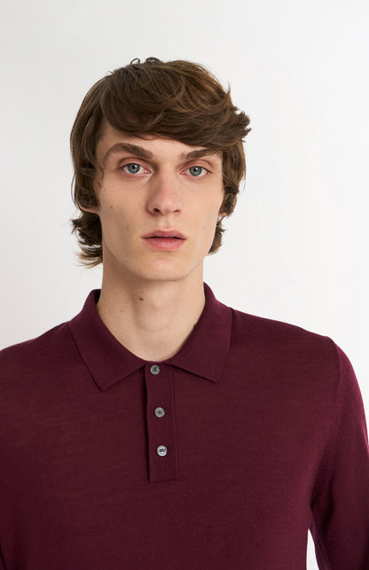 Pringle Men's Polo Shirt Extra Fine Merino Wool Jumper in Burgundy showing neck detail
