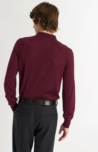 Pringle Men's Polo Shirt Extra Fine Merino Wool Jumper in Burgundy rear view