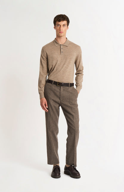 Pringle Men's Polo Shirt Extra Fine Merino Wool Jumper In Mushroom on standing model