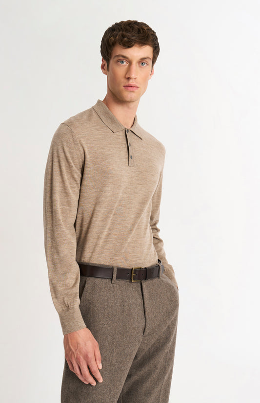 Pringle Men's Polo Shirt Extra Fine Merino Wool Jumper In Mushroom on model