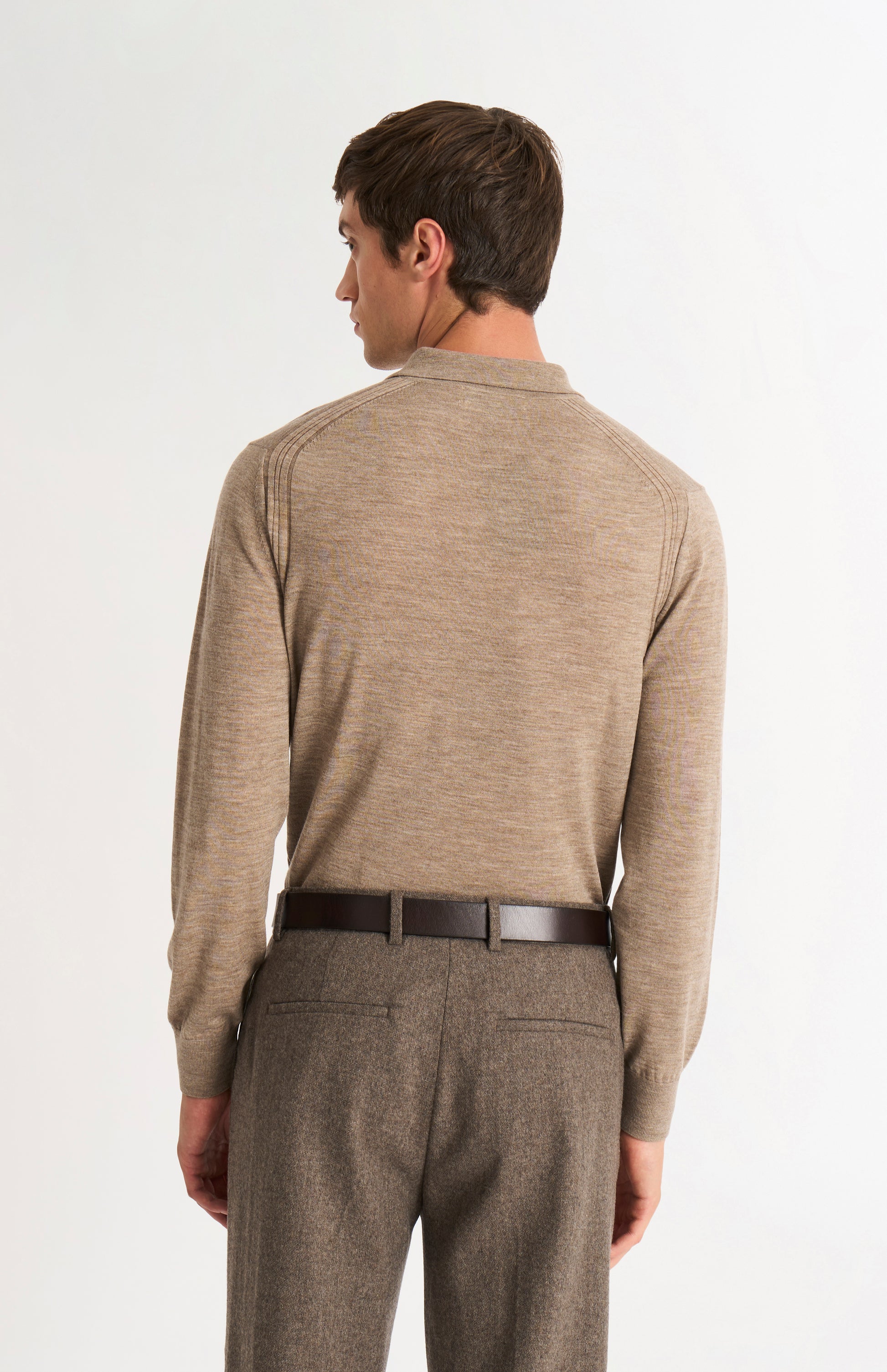 Pringle Men's Polo Shirt Extra Fine Merino Wool Jumper In Mushroom rear view