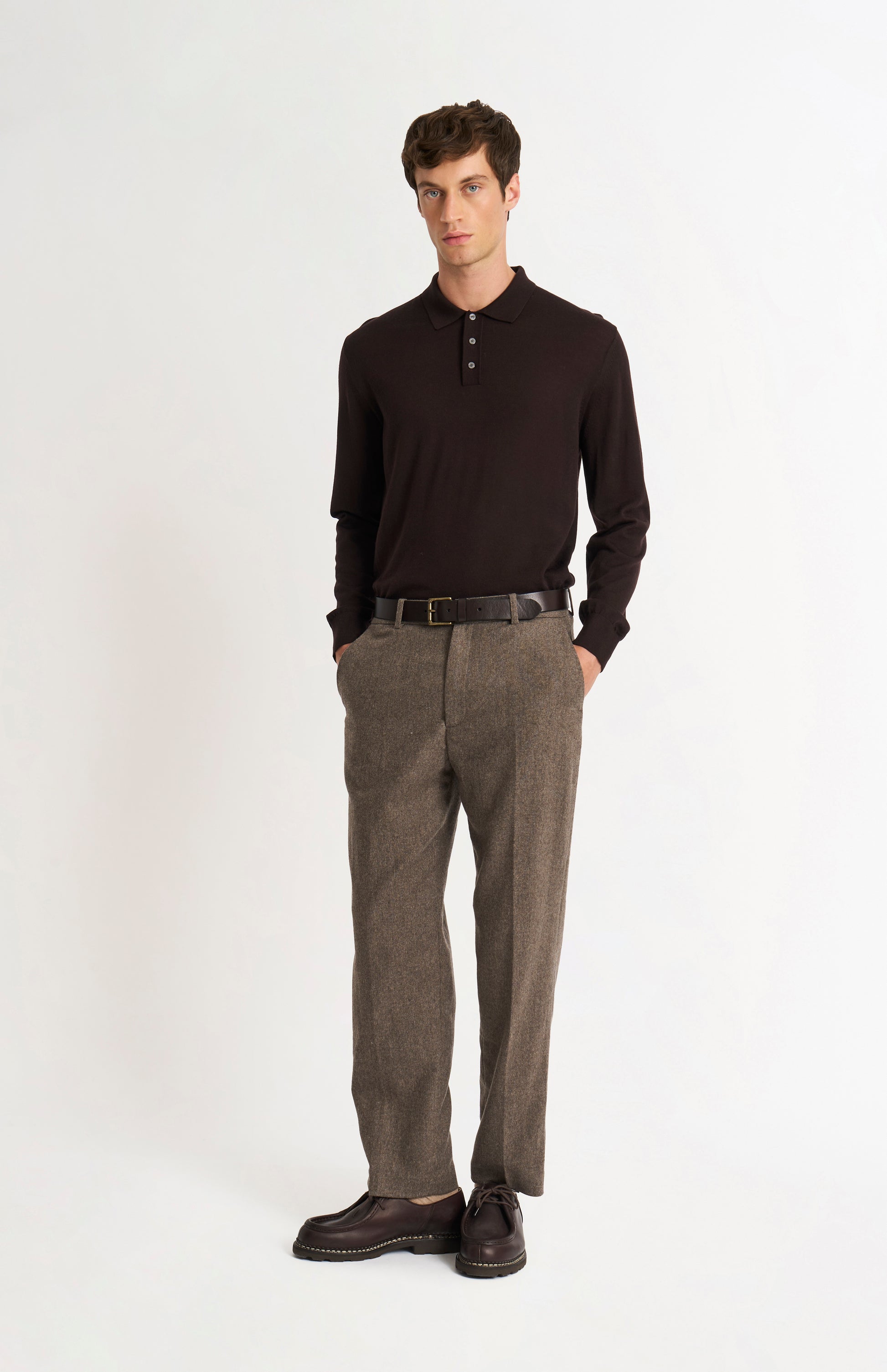 Pringle Men's Polo Shirt Extra Fine Merino Wool Jumper in Dark Brown on standing model