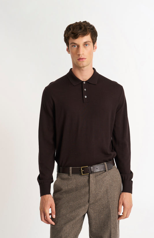 Pringle Men's Polo Shirt Extra Fine Merino Wool Jumper in Dark Brown on model