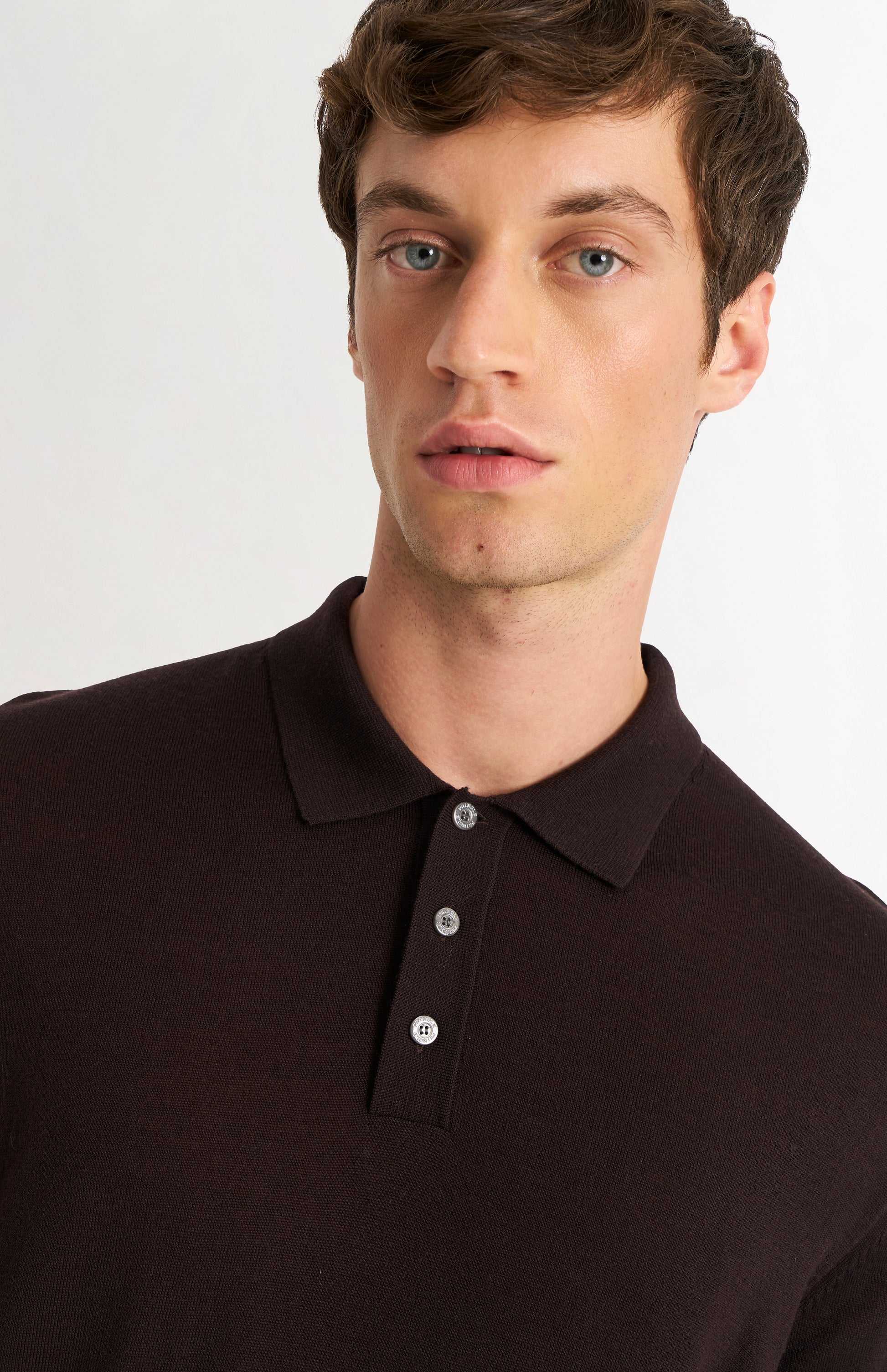 Pringle Men's Polo Shirt Extra Fine Merino Wool Jumper in Dark Brown showing neck detail