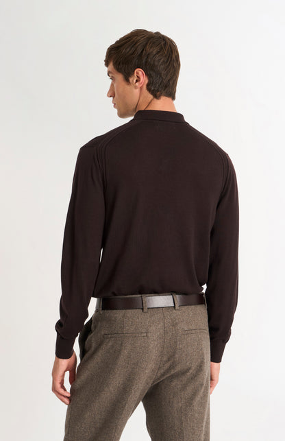 Pringle Men's Polo Shirt Extra Fine Merino Wool Jumper in Dark Brown rear view