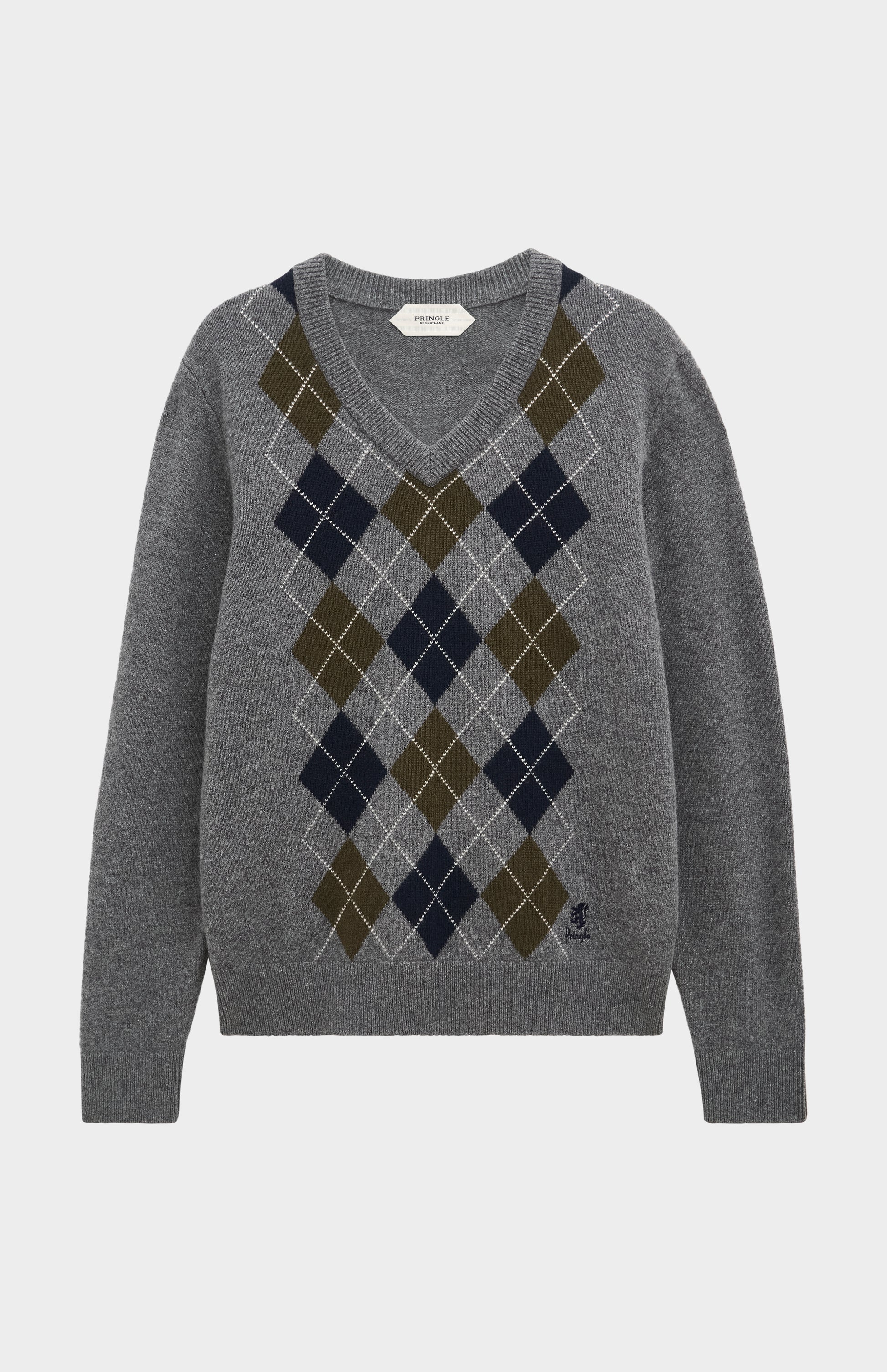 Pringle Men’s Lambswool Argyle V-Neck Jumper in Grey, Olive & Blue flat shot