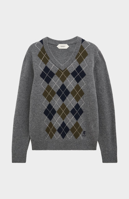 Pringle Men’s Lambswool Argyle V-Neck Jumper in Grey, Olive & Blue flat shot