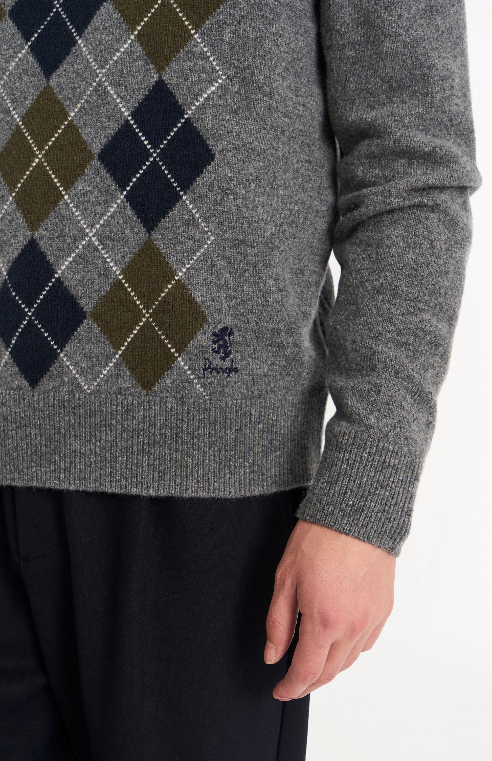 Pringle Men’s Lambswool Argyle V-Neck Jumper in Grey, Olive & Blue embroidery detail