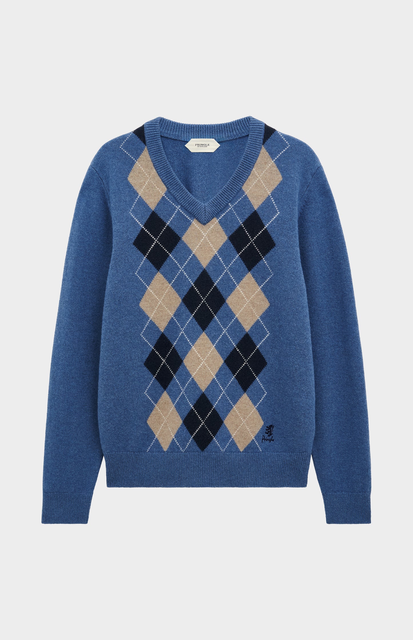 Pringle Men's Kessock  V-neck Lambswool Argyle Jumper In Blue, Mushroom & Navy flat shot