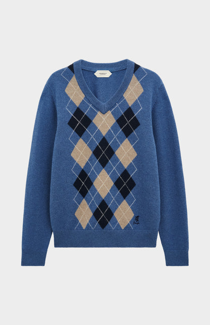Pringle Men's Kessock  V-neck Lambswool Argyle Jumper In Blue, Mushroom & Navy flat shot