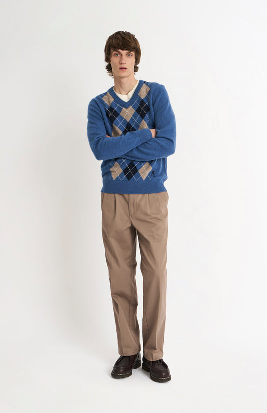 Pringle Men's Kessock  V-neck Lambswool Argyle Jumper In Blue, Mushroom & Navy on model full length