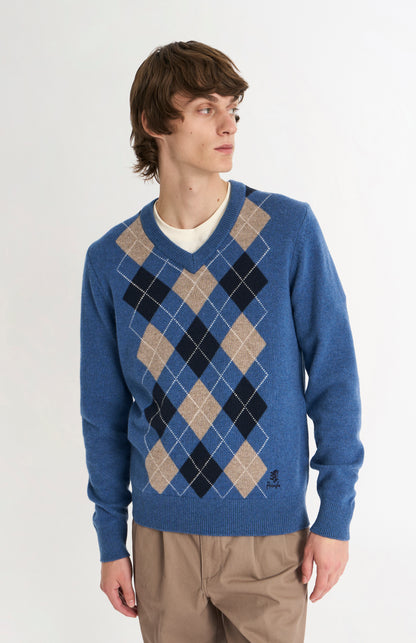 Pringle Men's Kessock  V-neck Lambswool Argyle Jumper In Blue, Mushroom & Navy on model