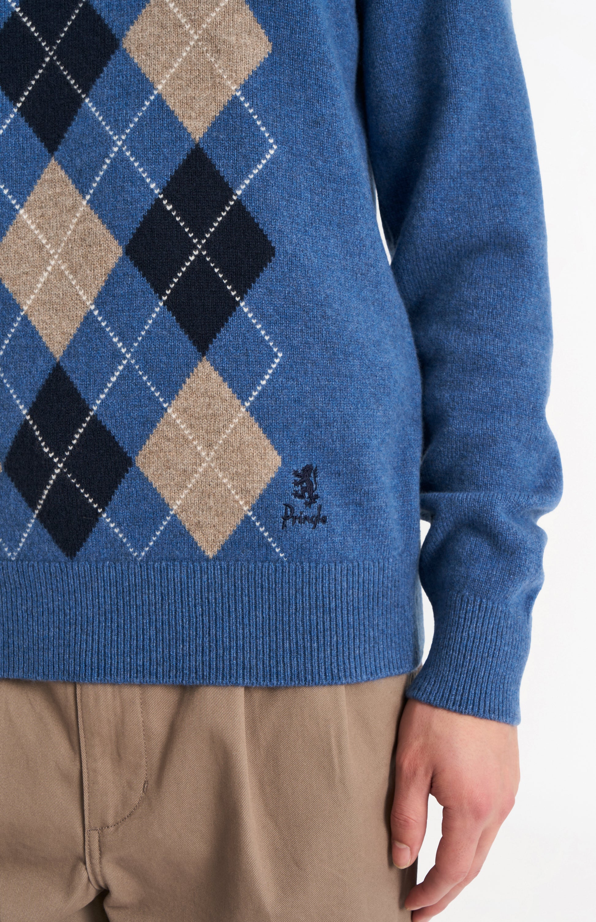 Pringle Men's Kessock  V-neck Lambswool Argyle Jumper In Blue, Mushroom & Navy embroidery detail