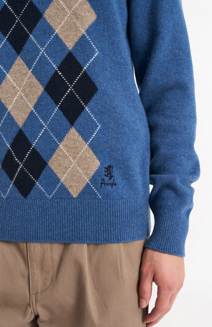Pringle Men's Kessock  V-neck Lambswool Argyle Jumper In Blue, Mushroom & Navy embroidery detail