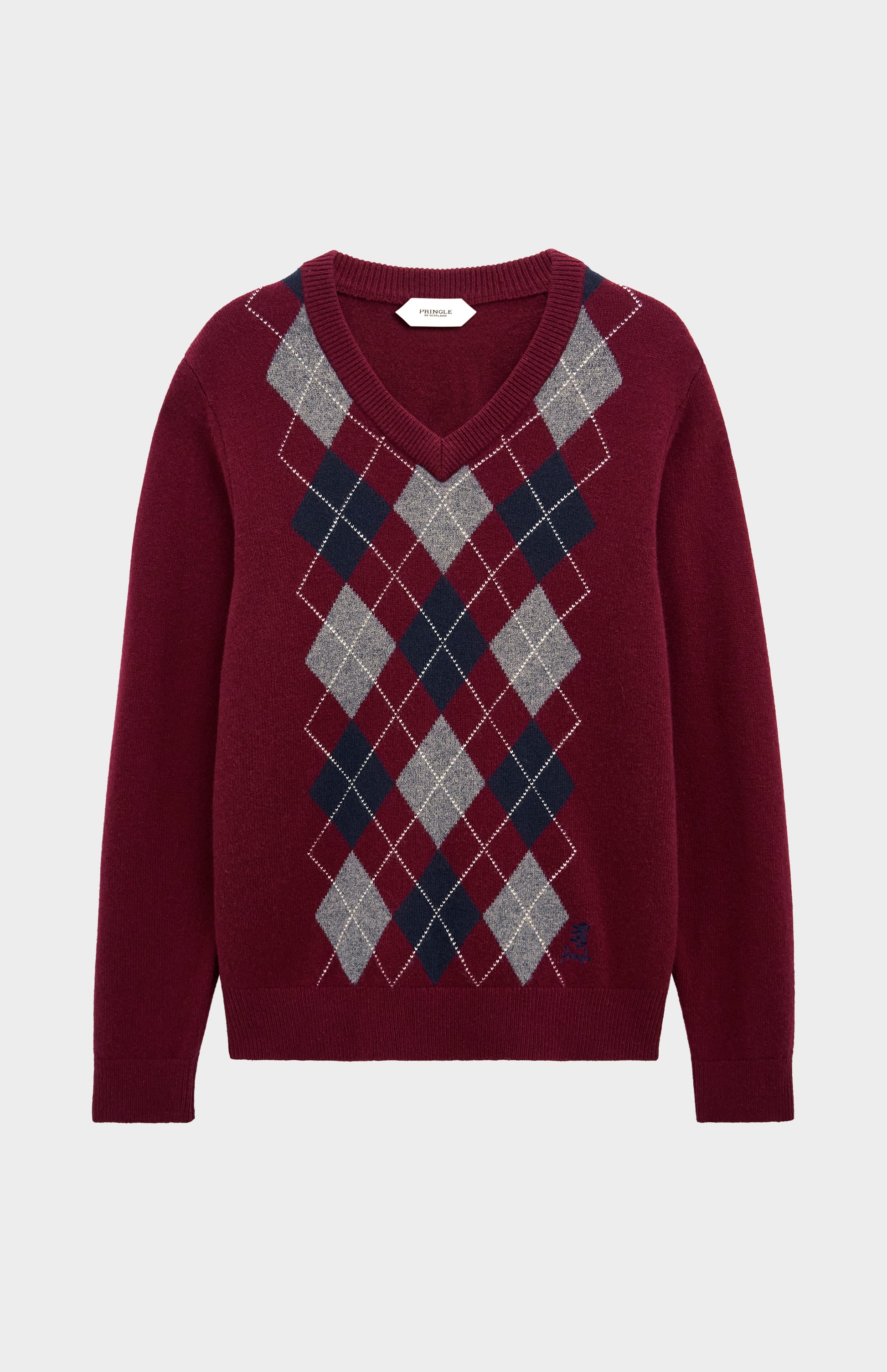 Pringle Men’s Lambswool Argyle V-Neck Jumper in Burgundy, Navy & Grey flat shot