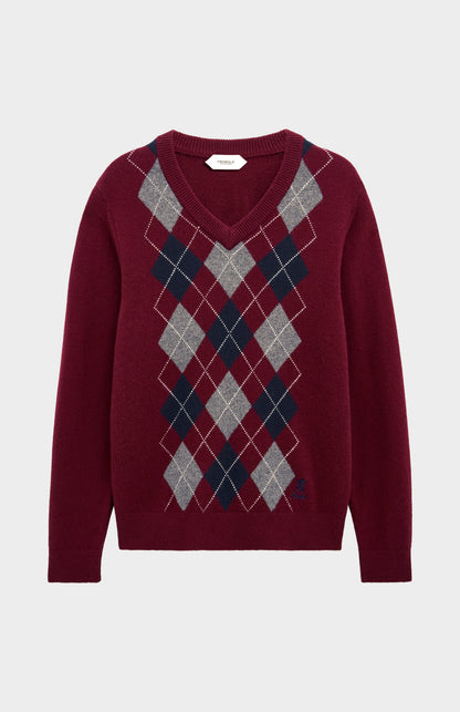 Pringle Men’s Lambswool Argyle V-Neck Jumper in Burgundy, Navy & Grey flat shot