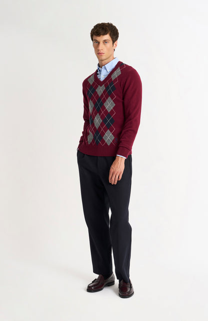 Pringle Men’s Lambswool Argyle V-Neck Jumper in Burgundy, Navy & Grey on model full length