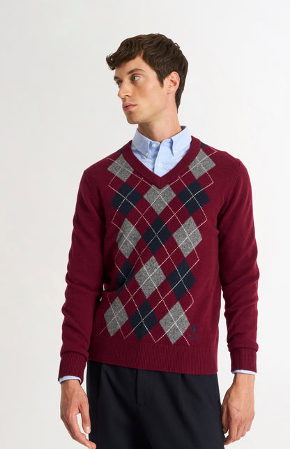 Pringle Men’s Lambswool Argyle V-Neck Jumper in Burgundy, Navy & Grey on model