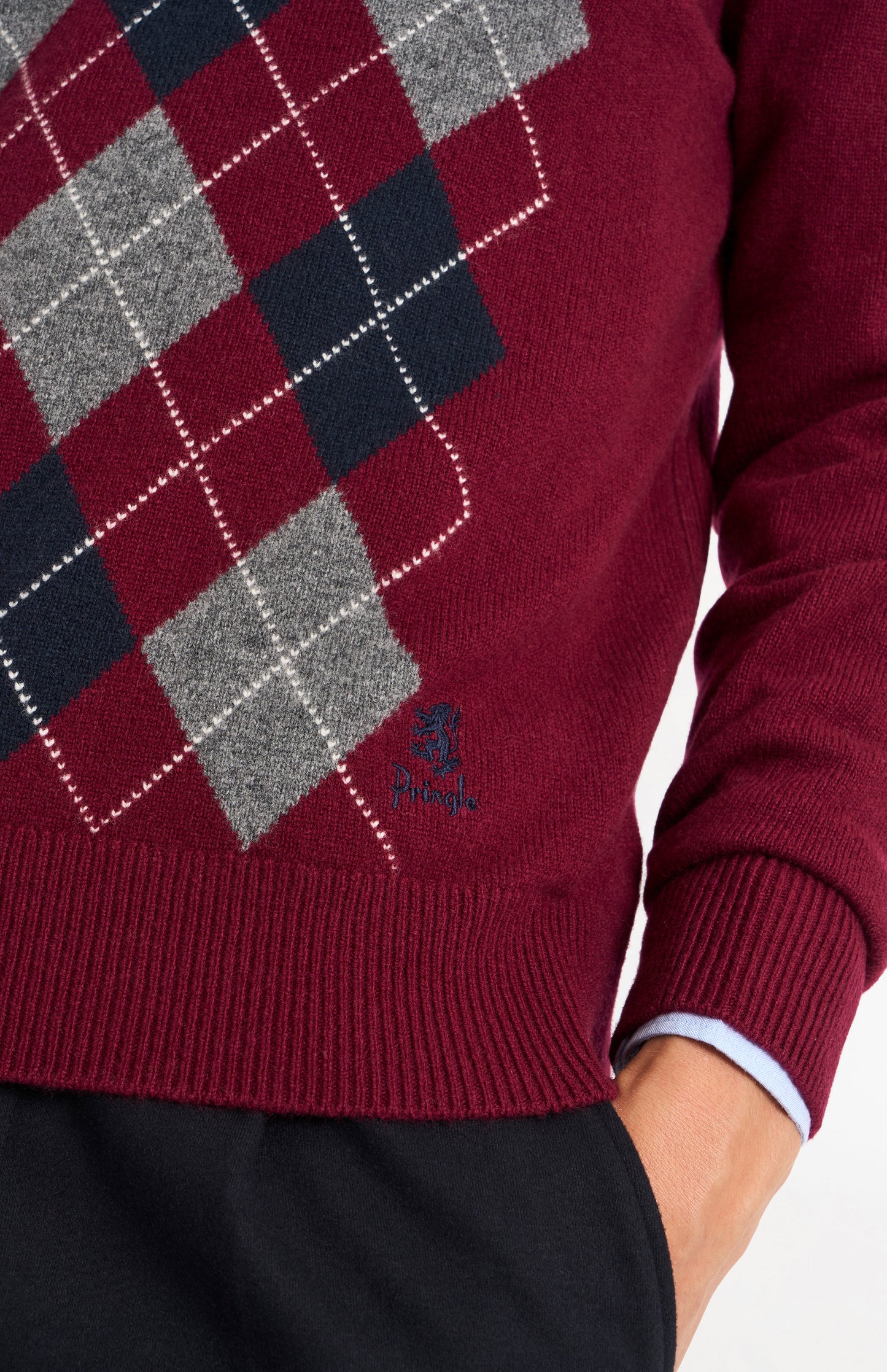 Pringle Men’s Lambswool Argyle V-Neck Jumper in Burgundy, Navy & Grey detail