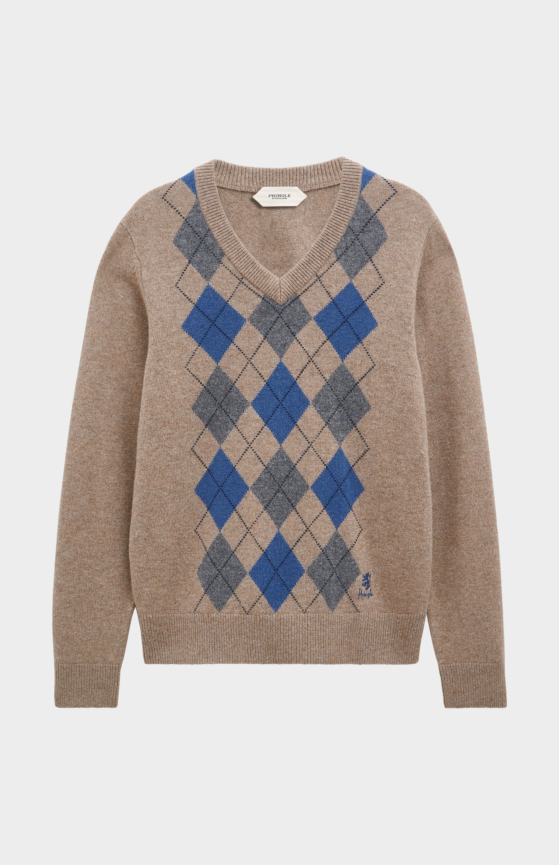 Pringle Men’s Lambswool Argyle V-Neck Jumper in  Mushroom, Blue & Grey flat shoy