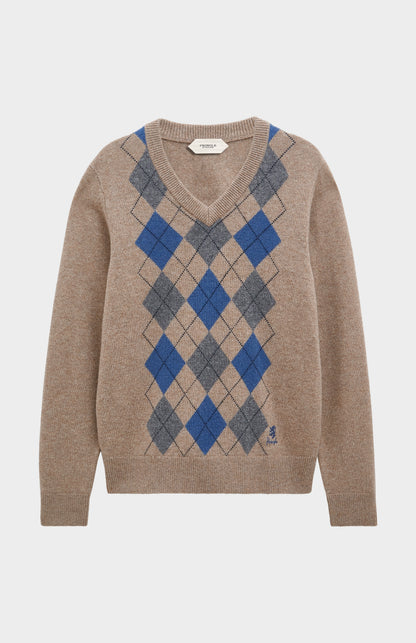 Pringle Men’s Lambswool Argyle V-Neck Jumper in  Mushroom, Blue & Grey flat shoy