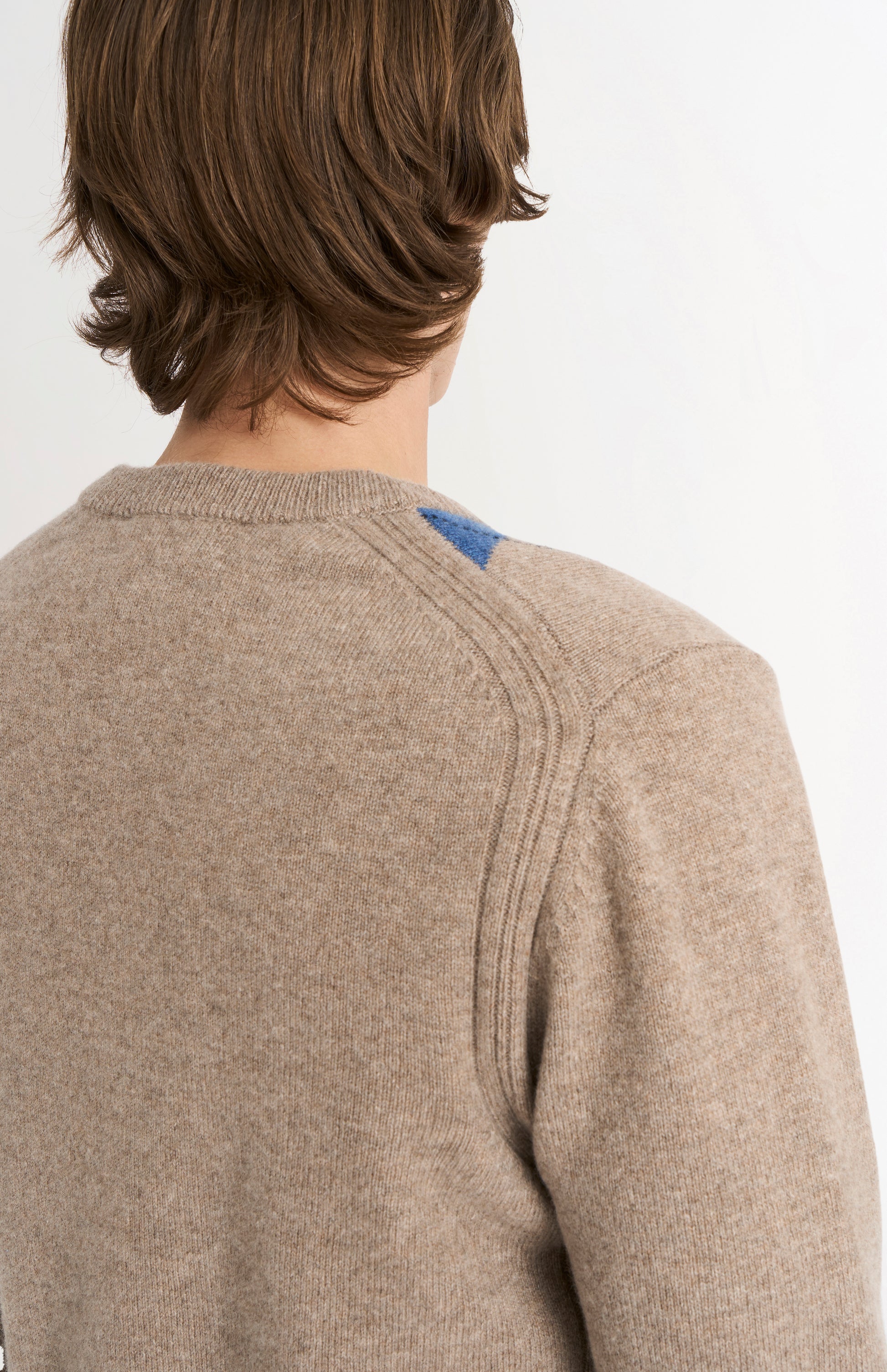 Pringle Men’s Lambswool Argyle V-Neck Jumper in  Mushroom, Blue & Grey rear neck detail