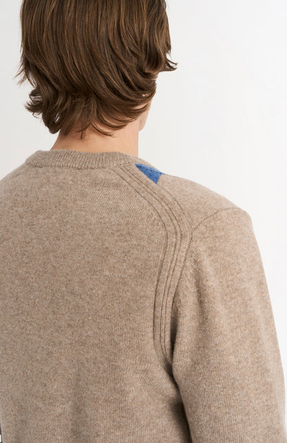 Pringle Men’s Lambswool Argyle V-Neck Jumper in  Mushroom, Blue & Grey rear neck detail