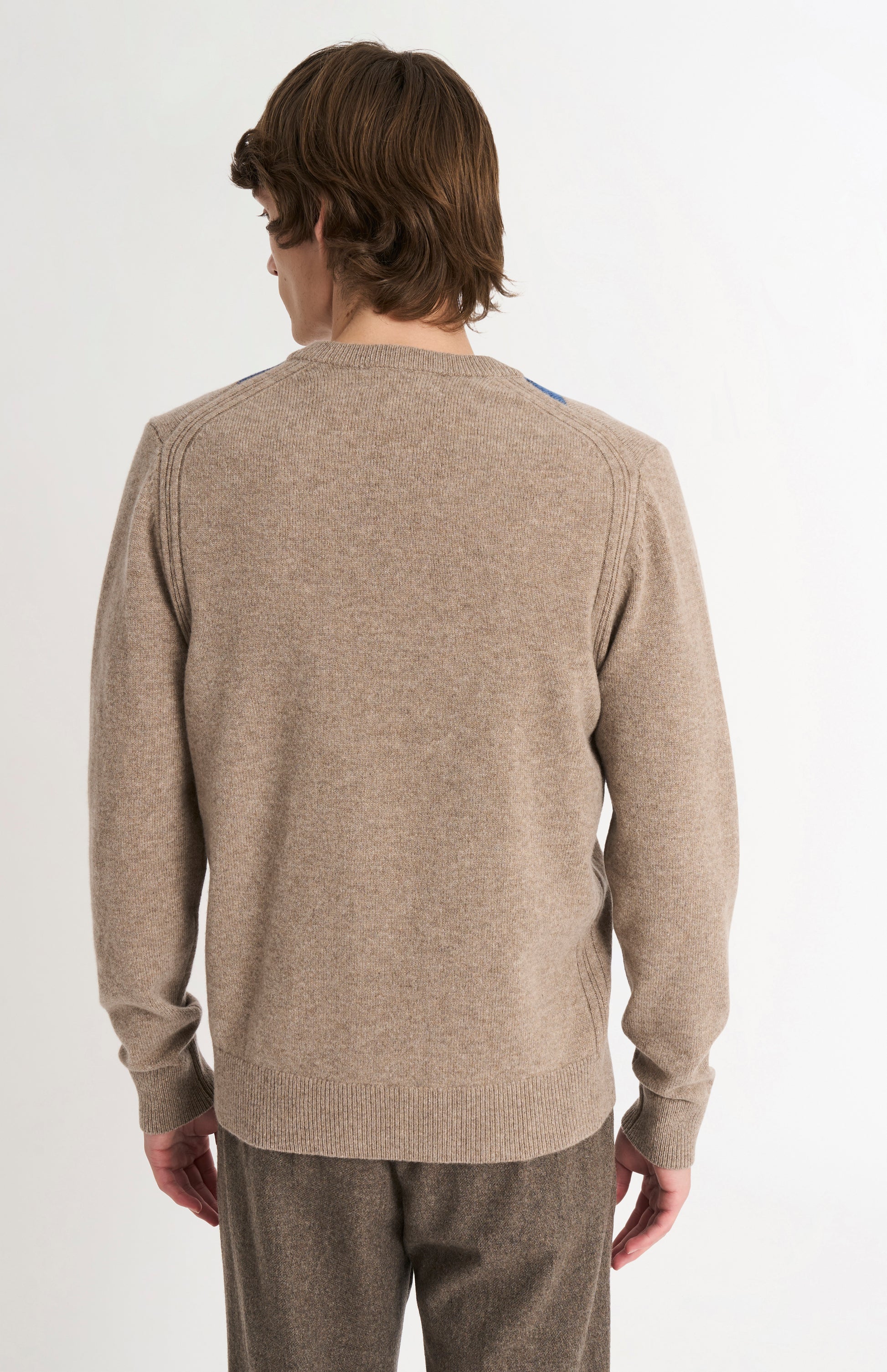 Pringle Men’s Lambswool Argyle V-Neck Jumper in  Mushroom, Blue & Grey rear view