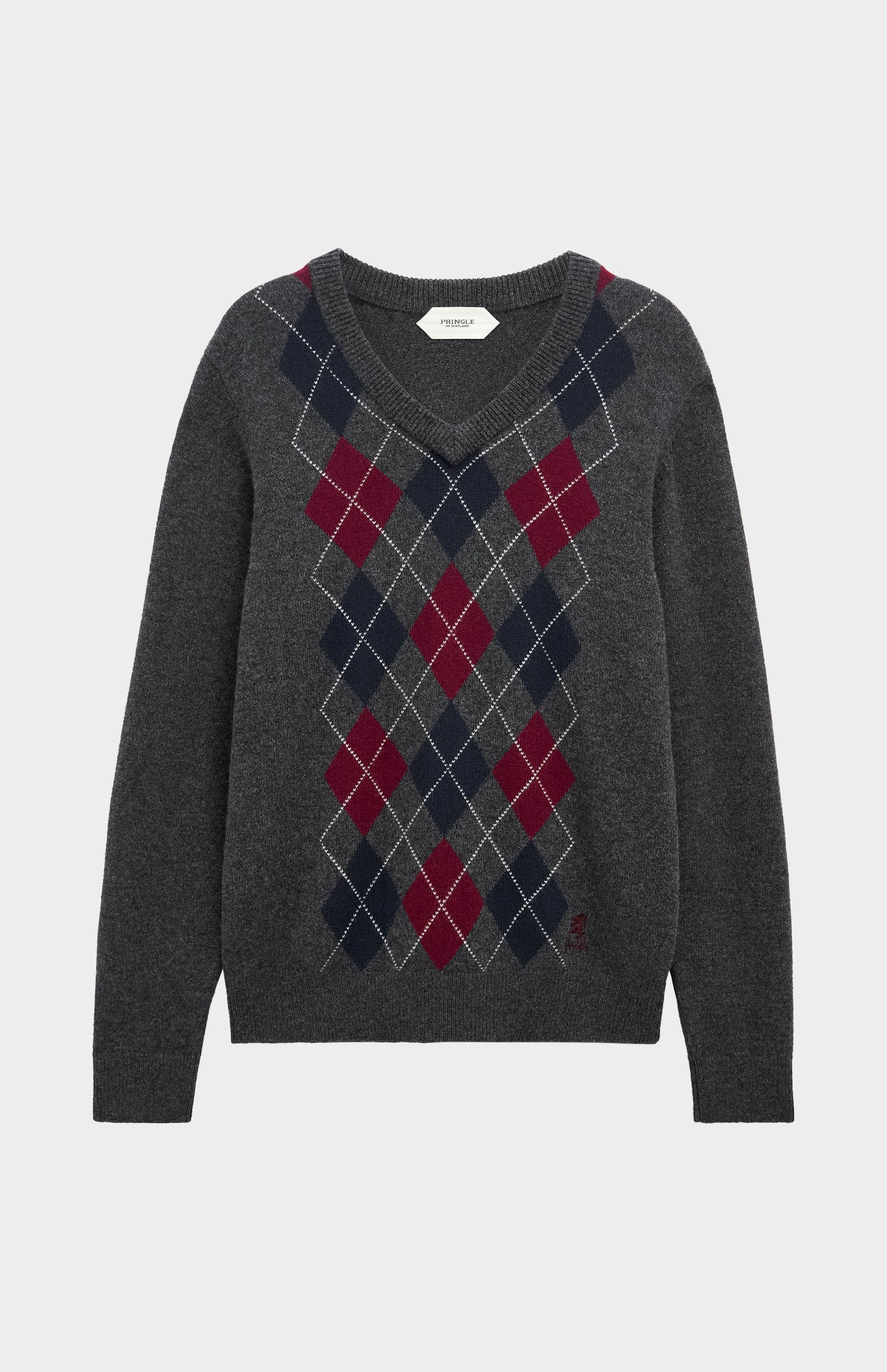 Pringle Men’s Lambswool Argyle V-Neck Jumper in Charcoal, Burgundy & Navy flat shot