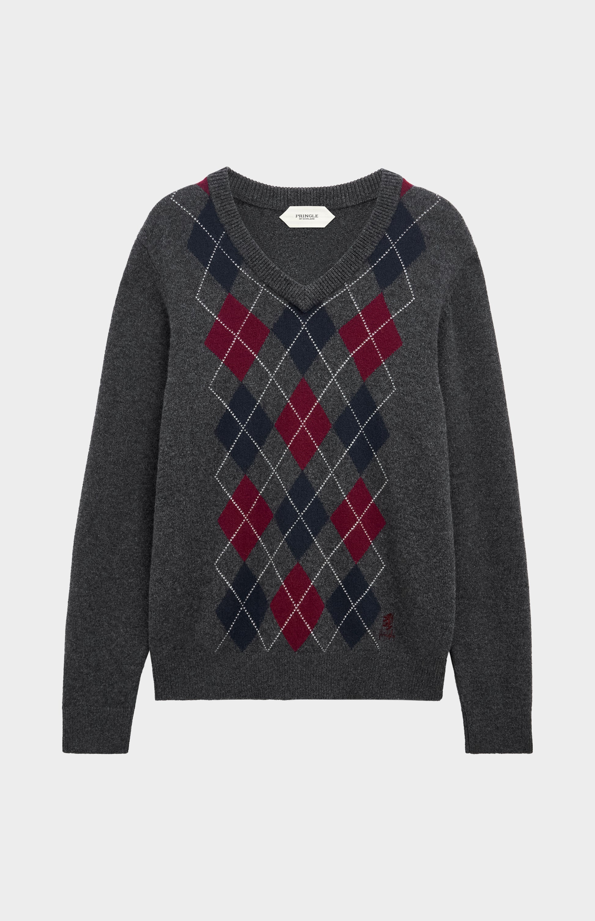 Pringle Men’s Lambswool Argyle V-Neck Jumper in Charcoal, Burgundy & Navy flat shot