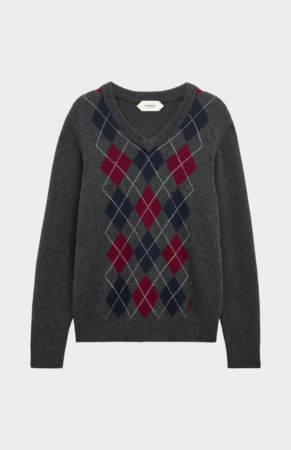 Pringle Men’s Lambswool Argyle V-Neck Jumper in Charcoal, Burgundy & Navy flat shot