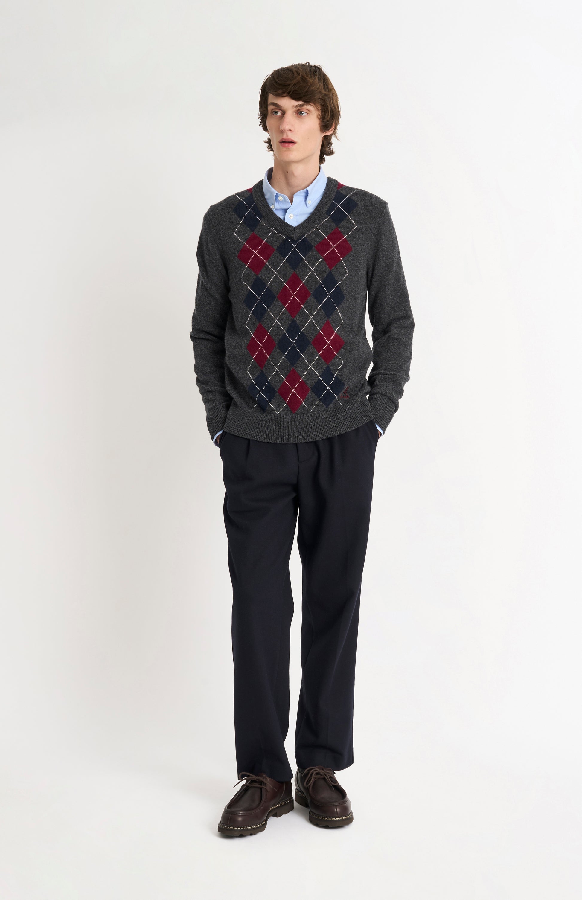 Pringle Men’s Lambswool Argyle V-Neck Jumper in Charcoal, Burgundy & Navy on model full length