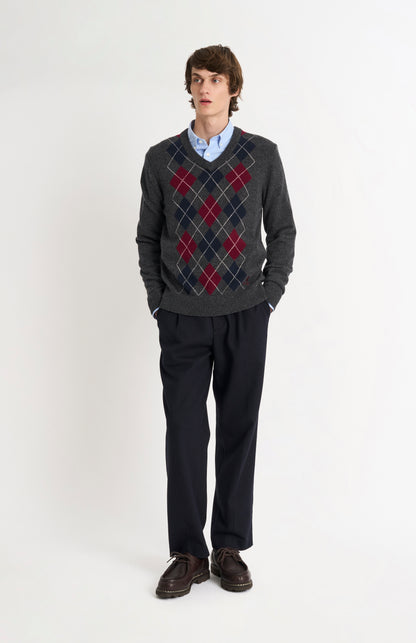 Pringle Men’s Lambswool Argyle V-Neck Jumper in Charcoal, Burgundy & Navy on model full length