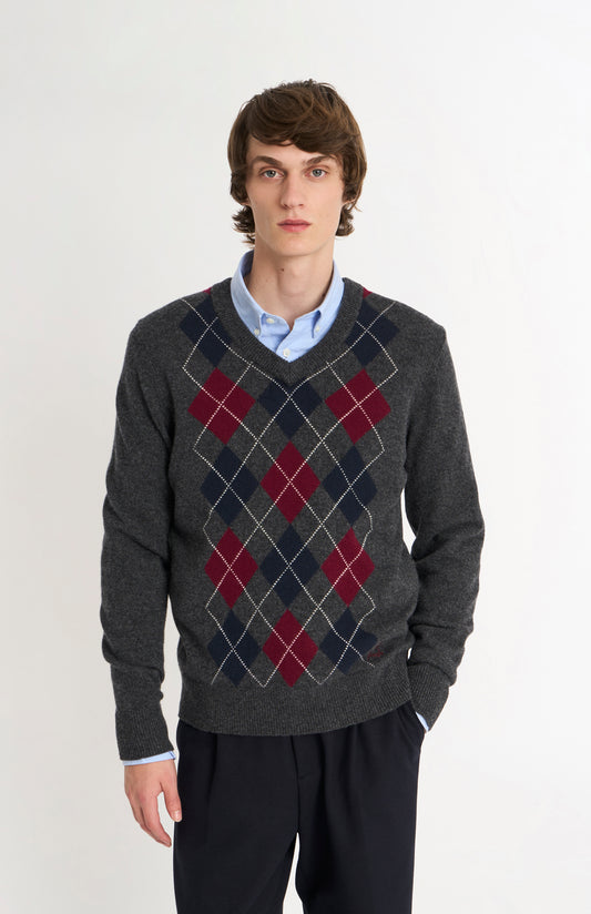 Pringle Men’s Lambswool Argyle V-Neck Jumper in Charcoal, Burgundy & Navy on model
