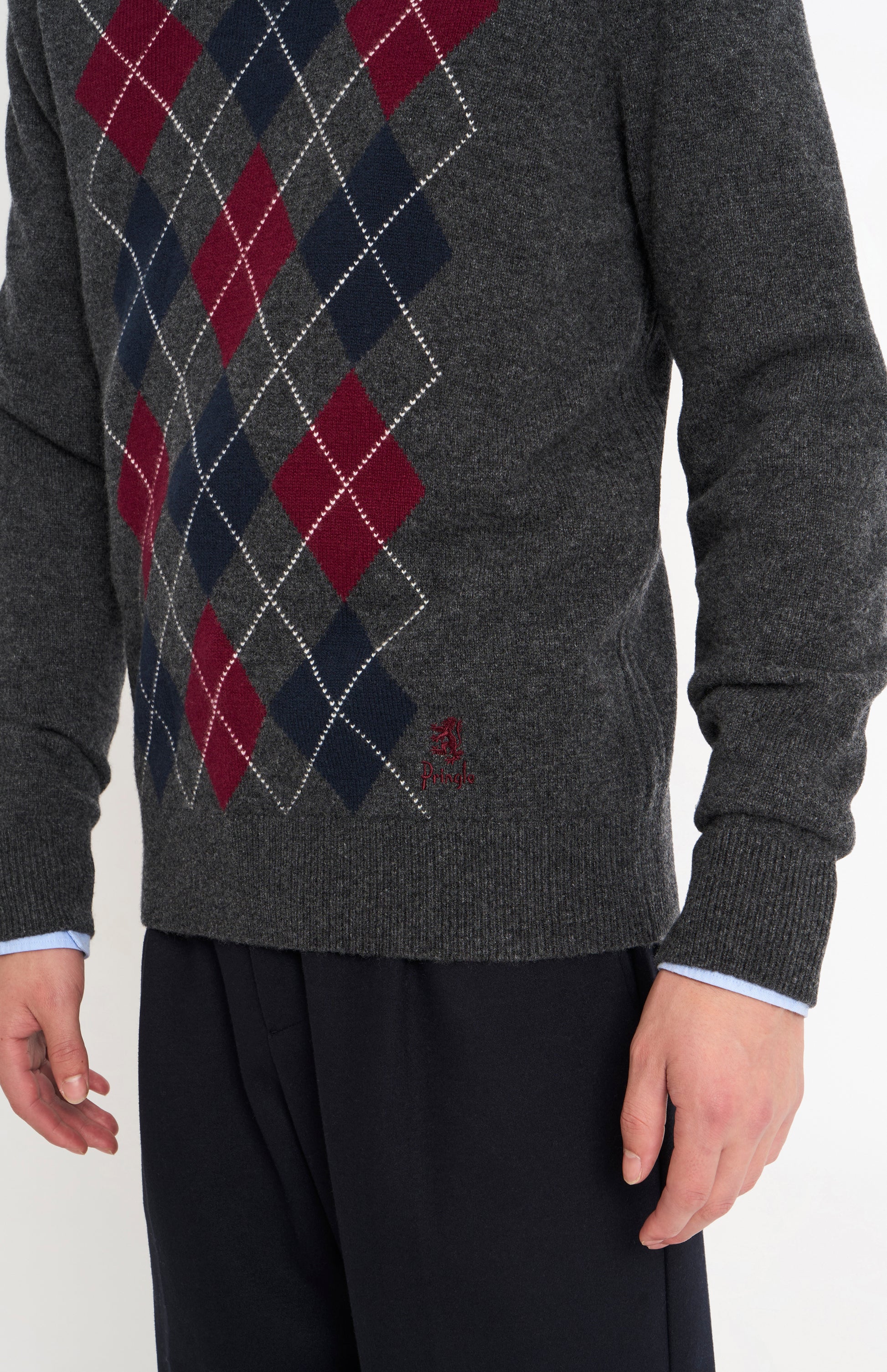 Pringle Men’s Lambswool Argyle V-Neck Jumper in Charcoal, Burgundy & Navy embroidery detail
