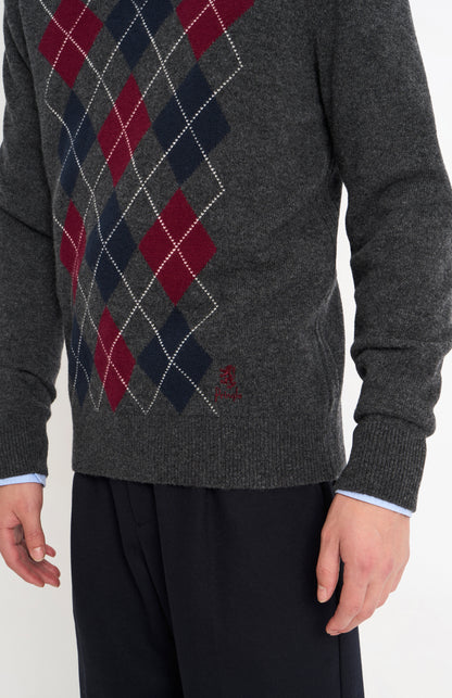 Pringle Men’s Lambswool Argyle V-Neck Jumper in Charcoal, Burgundy & Navy embroidery detail