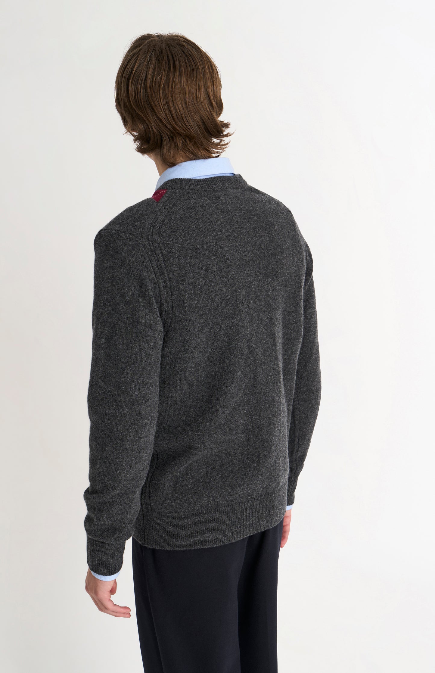 Pringle Men’s Lambswool Argyle V-Neck Jumper in Charcoal, Burgundy & Navy rear view