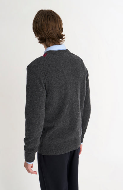 Pringle Men’s Lambswool Argyle V-Neck Jumper in Charcoal, Burgundy & Navy rear view