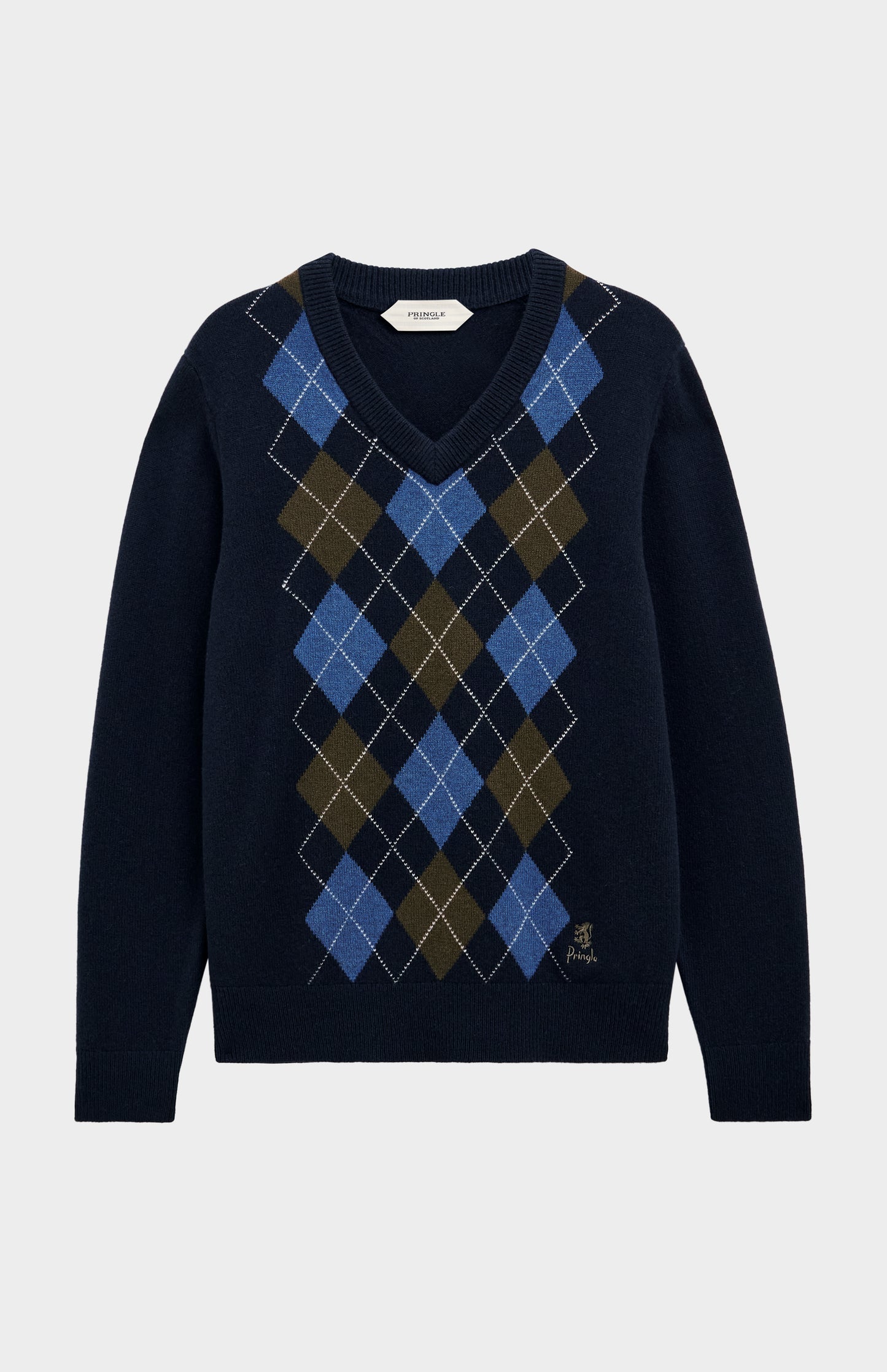Pringle Men’s Lambswool Argyle V-Neck Jumper in Navy, Olive & Blue flat shot