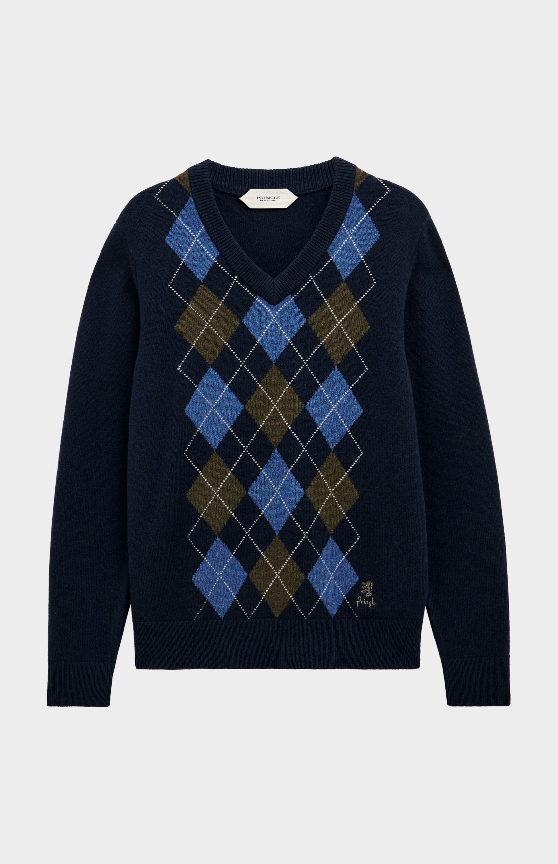 Pringle Men’s Lambswool Argyle V-Neck Jumper in Navy, Olive & Blue flat shot