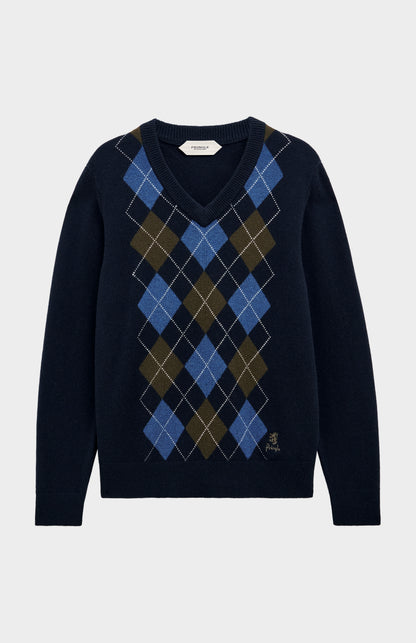 Pringle Men’s Lambswool Argyle V-Neck Jumper in Navy, Olive & Blue flat shot