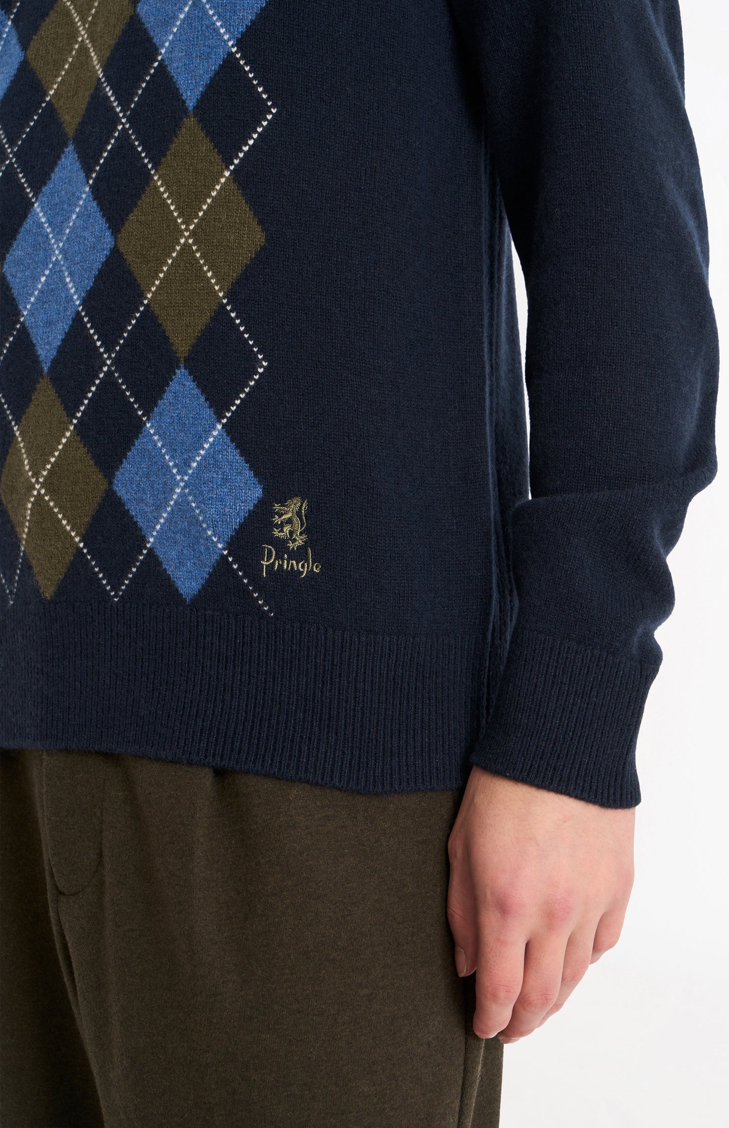 Pringle Men’s Lambswool Argyle V-Neck Jumper in Navy, Olive & Blue embroidery detail