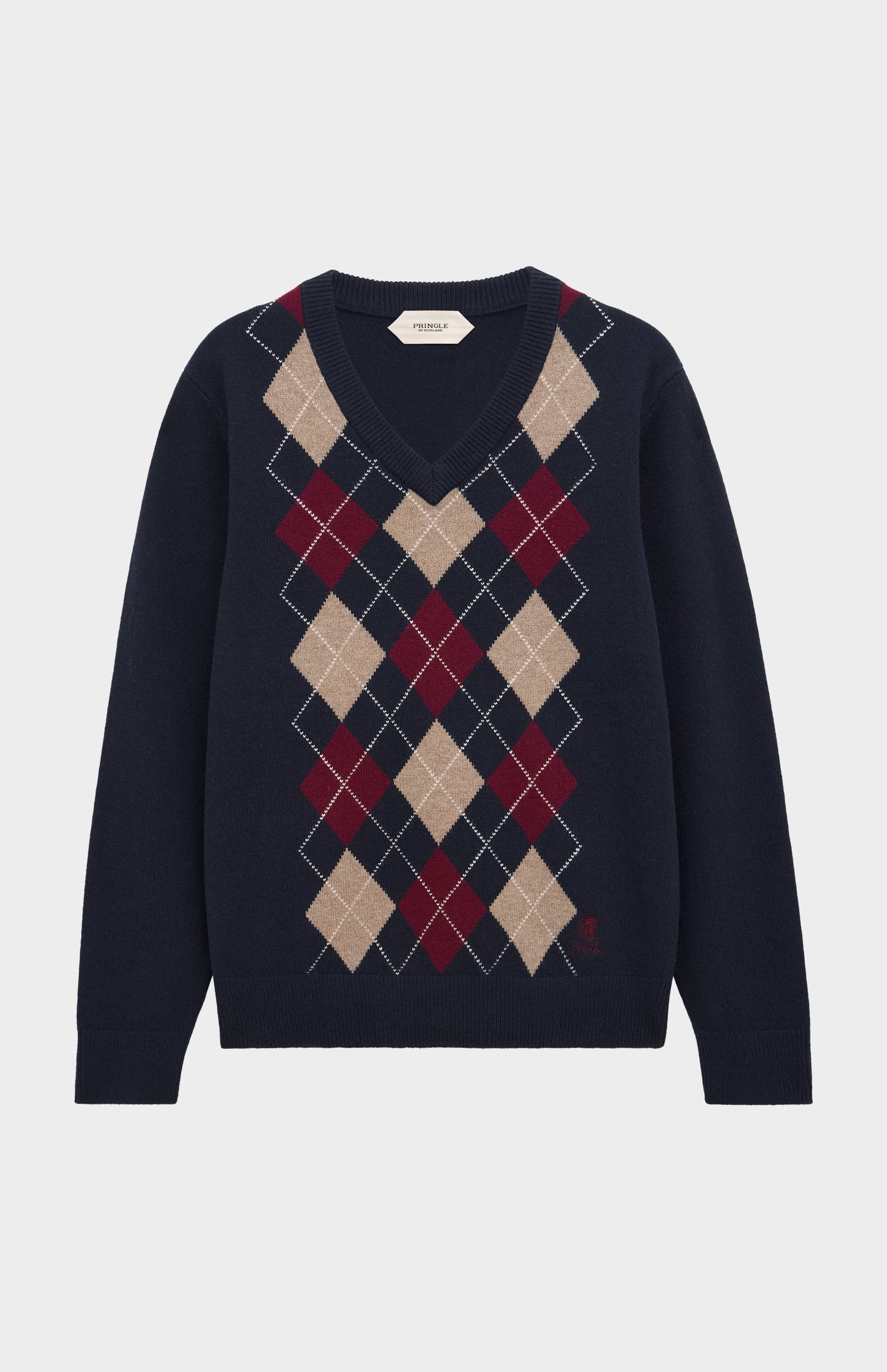 Pringle Men’s Lambswool Argyle V-Neck Jumper in Navy, Mushroom & Burgundy flat shot