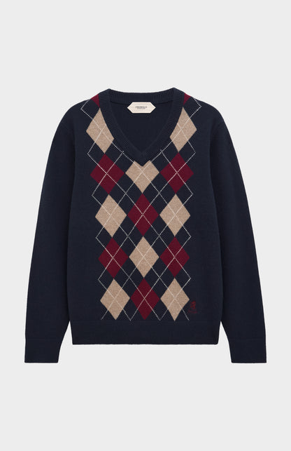 Pringle Men’s Lambswool Argyle V-Neck Jumper in Navy, Mushroom & Burgundy flat shot
