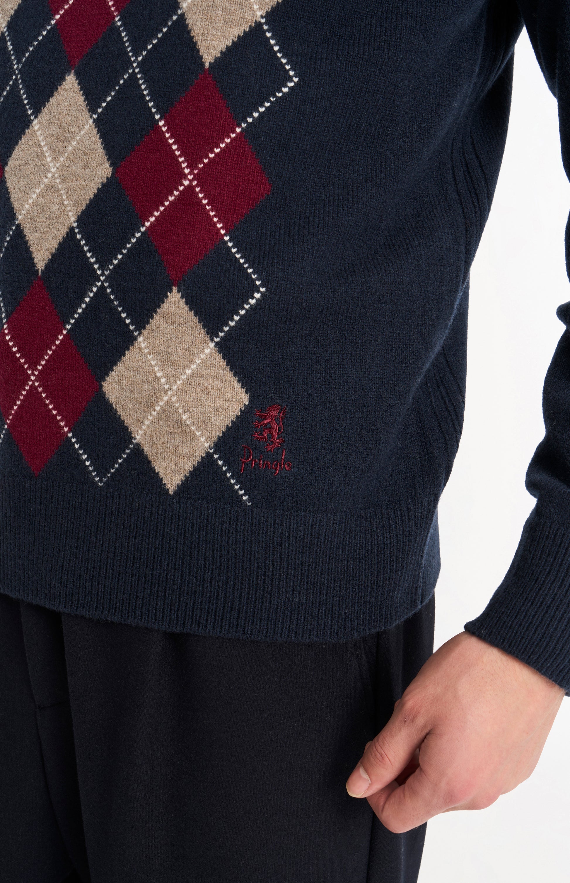 Pringle Men’s Lambswool Argyle V-Neck Jumper in Navy, Mushroom & Burgundy embrodery detail