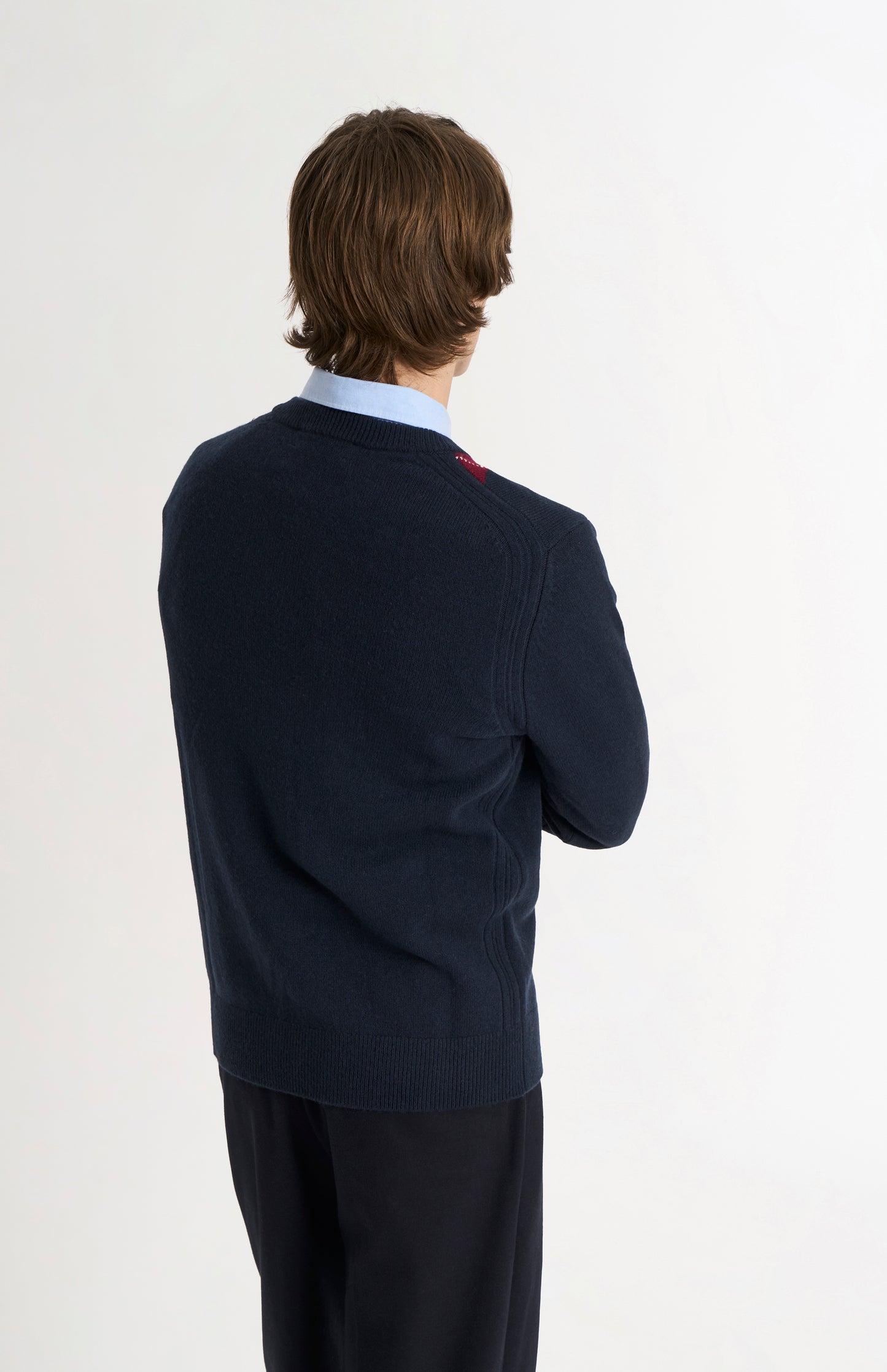Pringle Men’s Lambswool Argyle V-Neck Jumper in Navy, Mushroom & Burgundy rear view