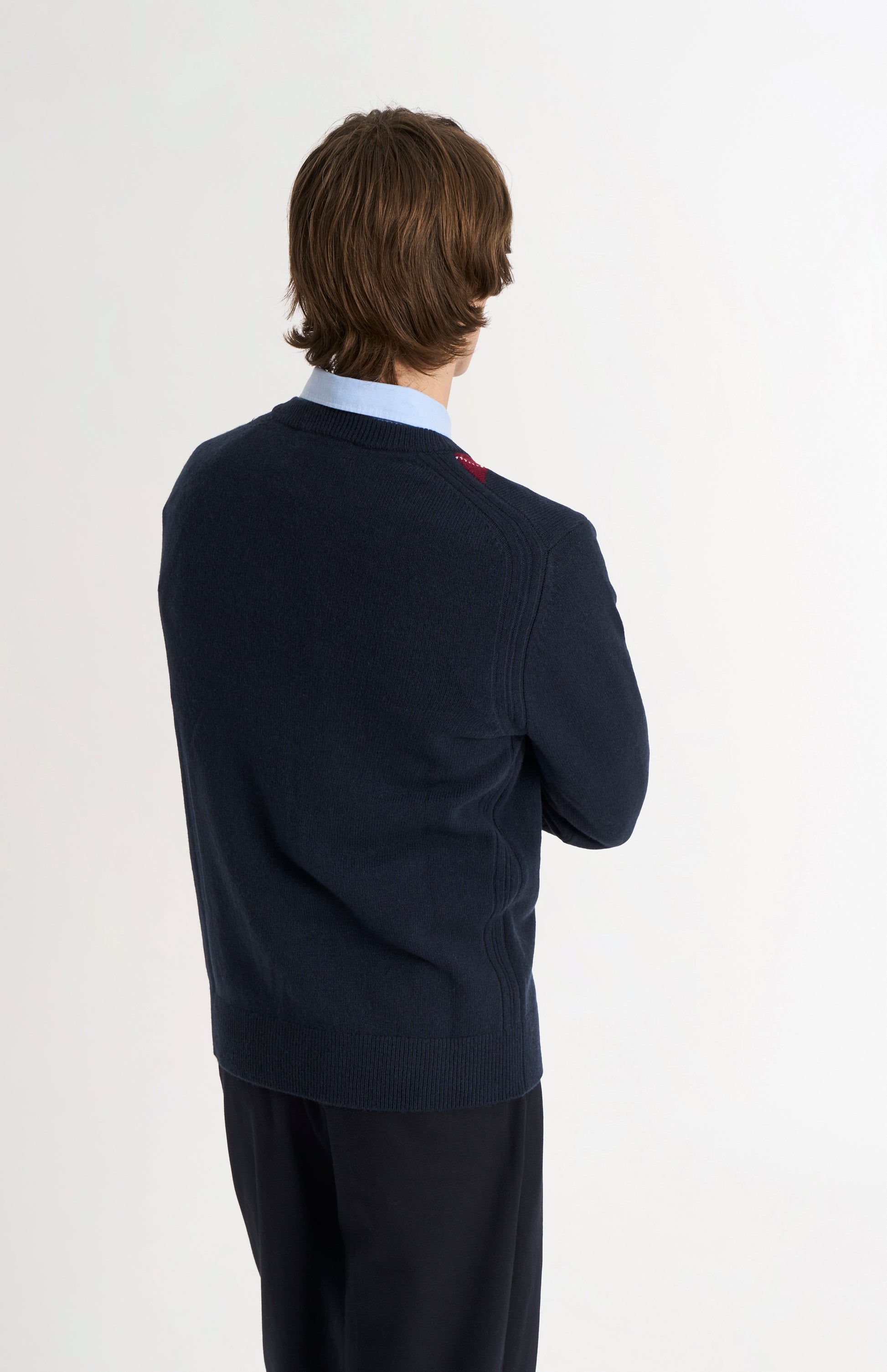 Pringle Men’s Lambswool Argyle V-Neck Jumper in Navy, Mushroom & Burgundy rear view
